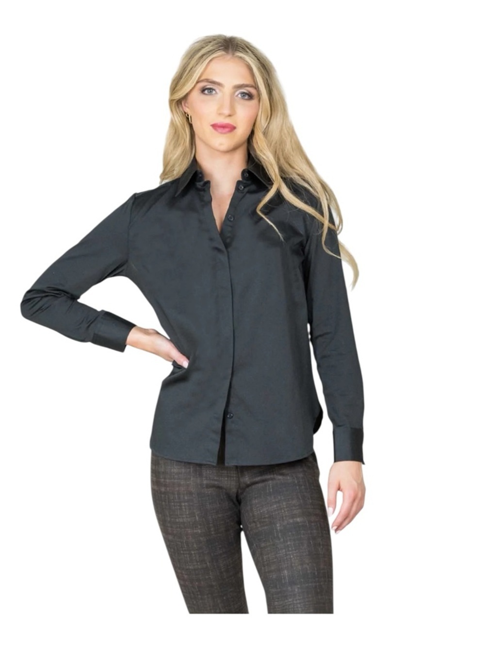 Lisette L Montreal Black Button Down Blouse Medium Stretch Cotton Shirt NWT